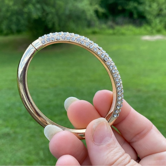 Crystal adorned gold tone hinge bangle bracelet - Picture 13 of 16